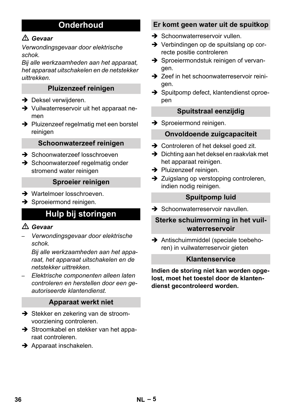Onderhoud, Hulp bij storingen | Karcher PUZZI 8-1 C User Manual | Page 36 / 204