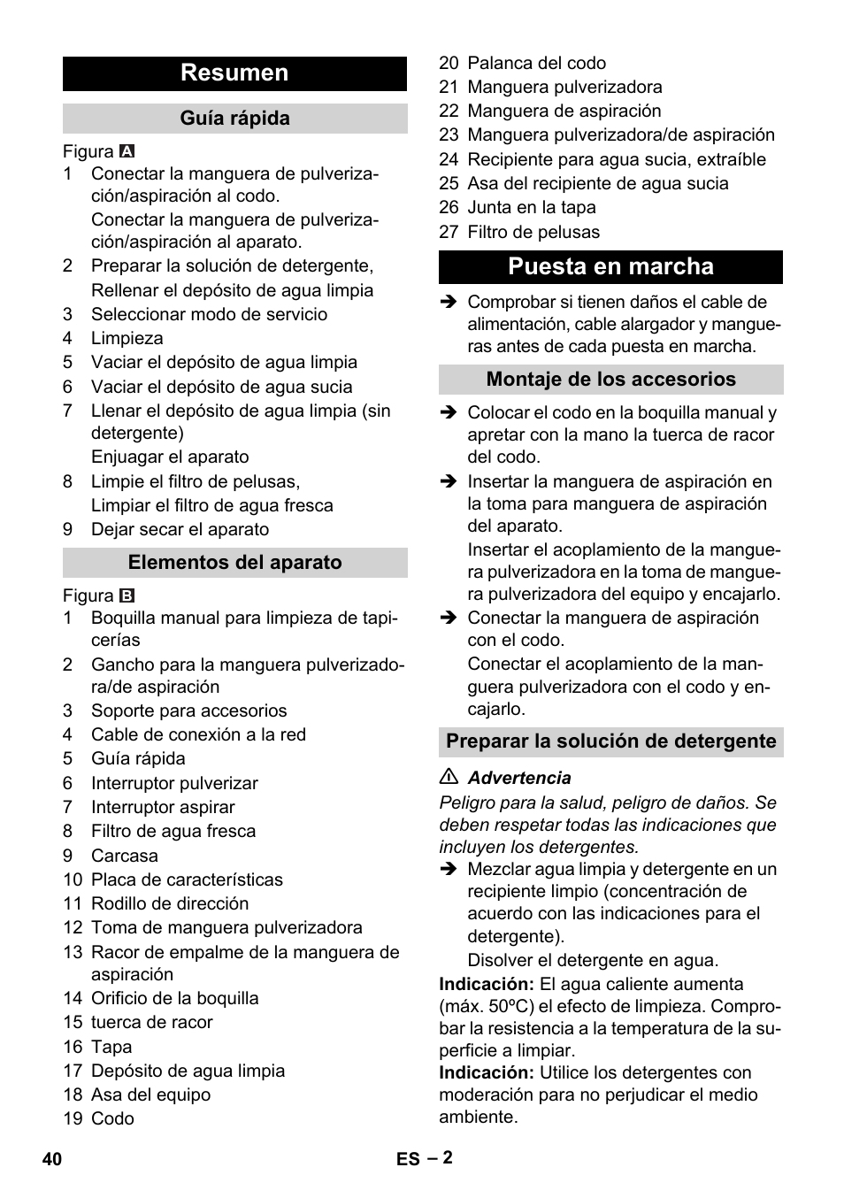 Resumen, Puesta en marcha | Karcher PUZZI 8-1 C User Manual | Page 40 / 204