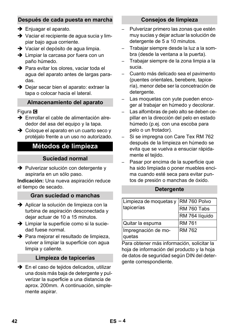 Métodos de limpieza | Karcher PUZZI 8-1 C User Manual | Page 42 / 204
