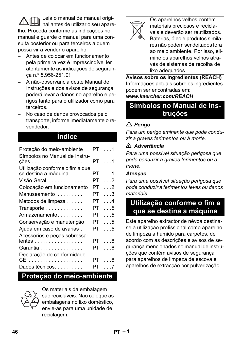 Português, Índice, Proteção do meio-ambiente | Karcher PUZZI 8-1 C User Manual | Page 46 / 204