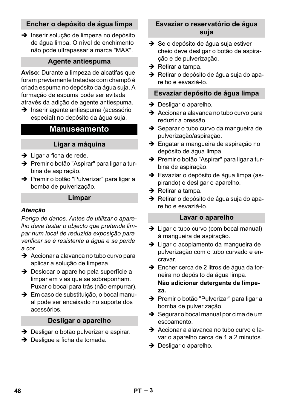 Manuseamento | Karcher PUZZI 8-1 C User Manual | Page 48 / 204
