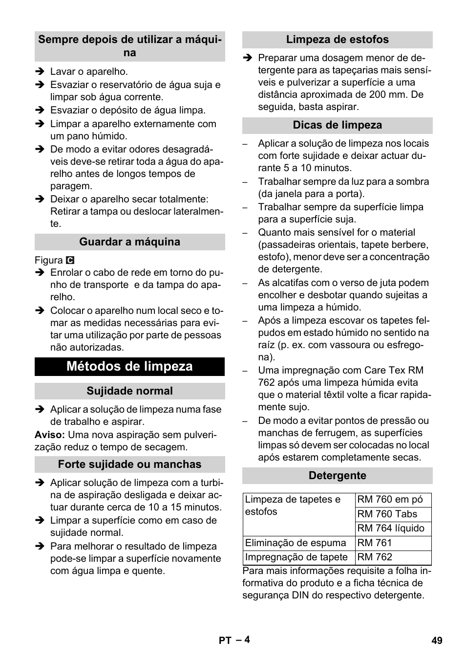 Métodos de limpeza | Karcher PUZZI 8-1 C User Manual | Page 49 / 204