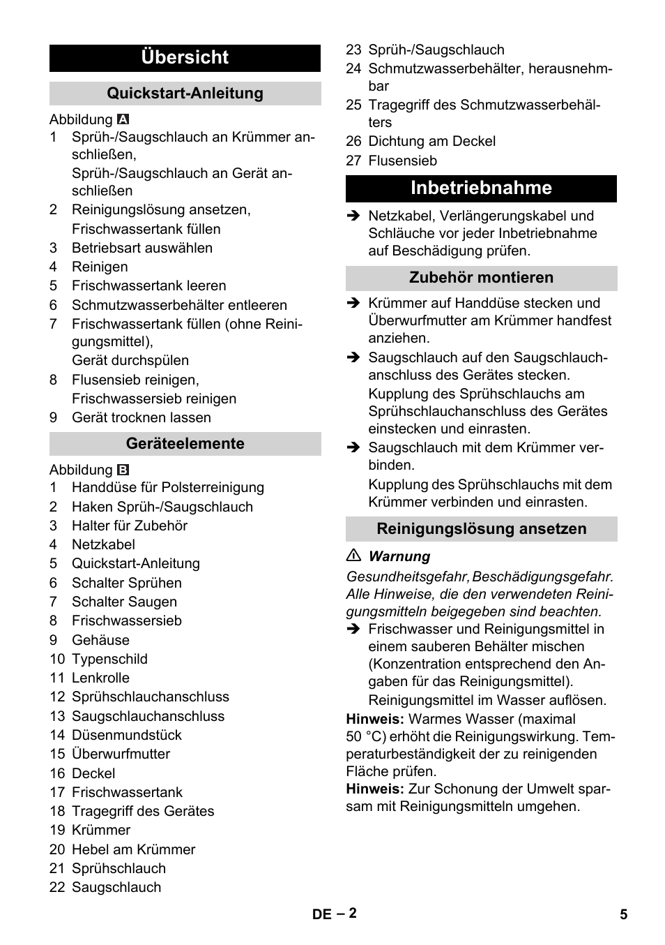 Übersicht, Inbetriebnahme | Karcher PUZZI 8-1 C User Manual | Page 5 / 204