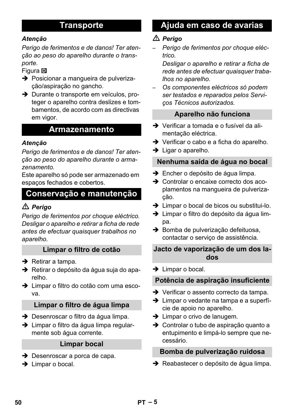 Transporte armazenamento conservação e manutenção, Ajuda em caso de avarias | Karcher PUZZI 8-1 C User Manual | Page 50 / 204