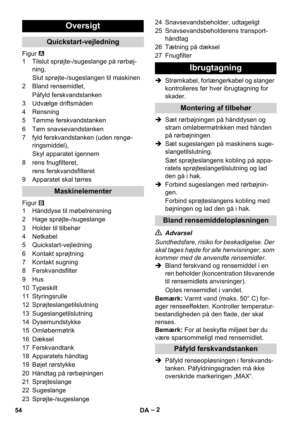 Oversigt, Ibrugtagning | Karcher PUZZI 8-1 C User Manual | Page 54 / 204