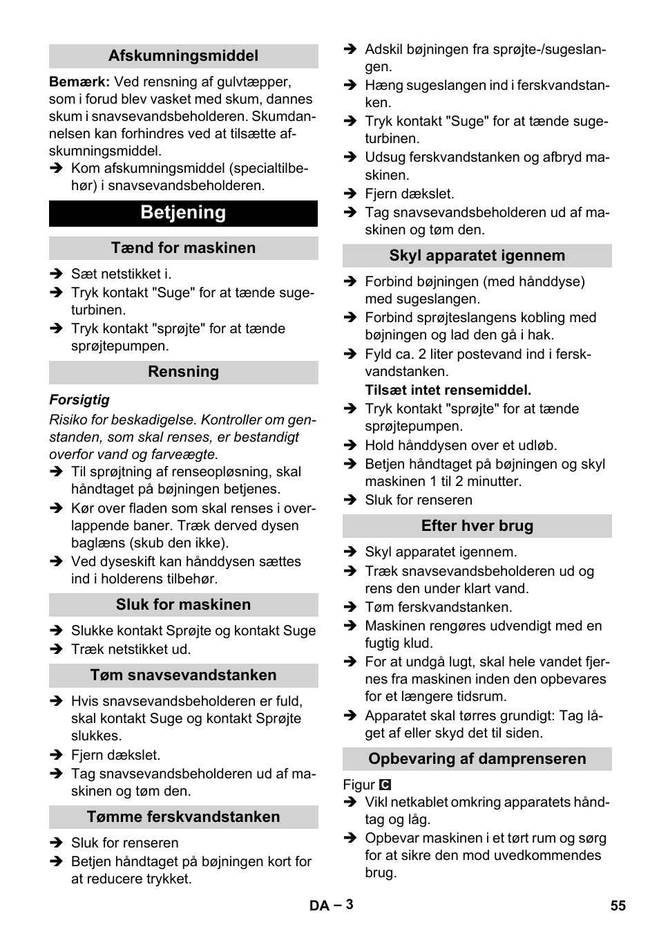 Betjening | Karcher PUZZI 8-1 C User Manual | Page 55 / 204