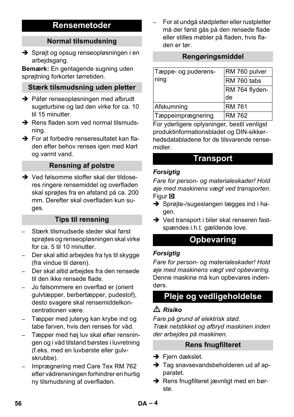 Rensemetoder, Transport opbevaring pleje og vedligeholdelse | Karcher PUZZI 8-1 C User Manual | Page 56 / 204
