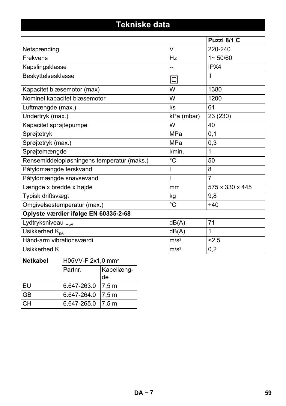 Tekniske data | Karcher PUZZI 8-1 C User Manual | Page 59 / 204