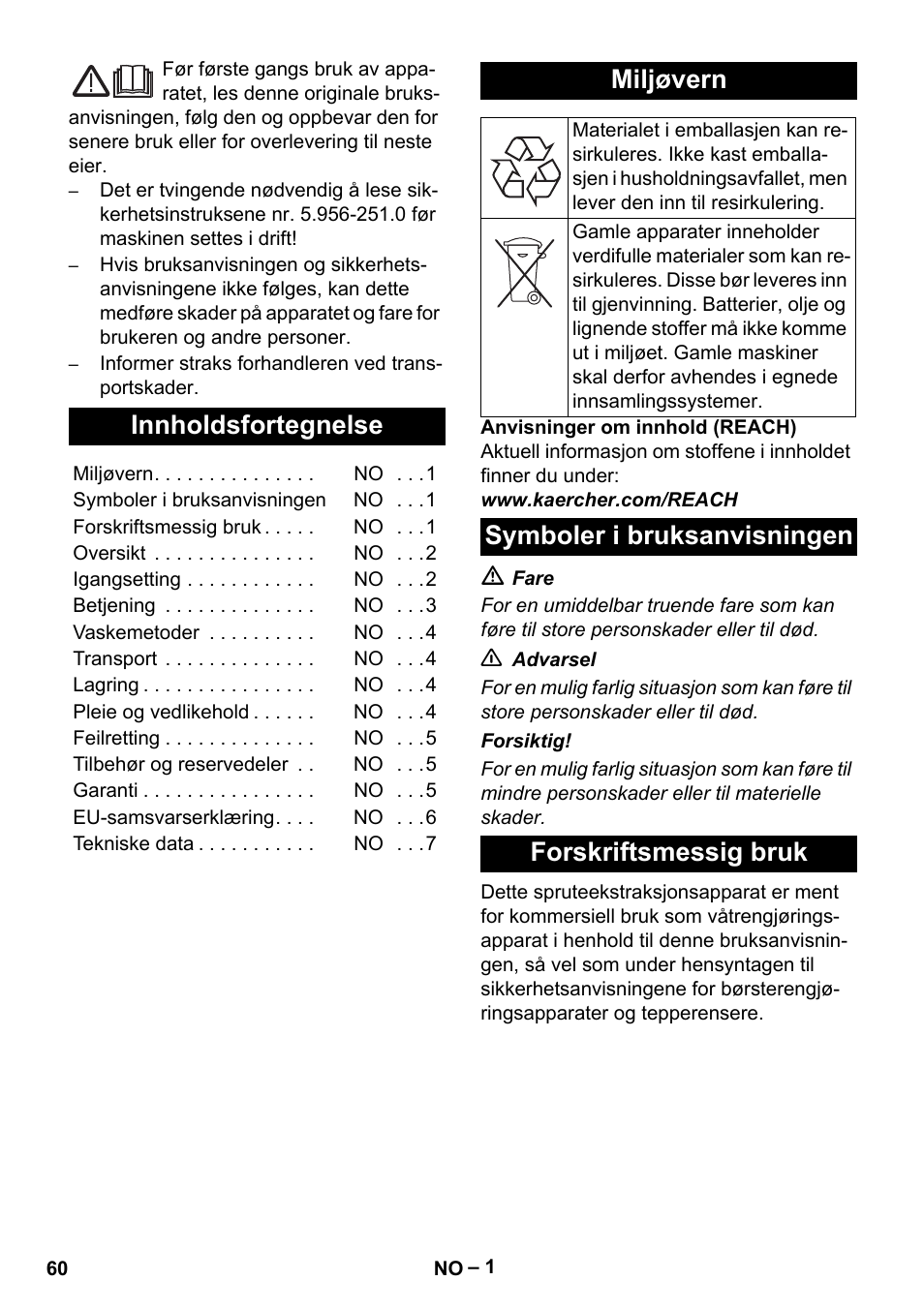 Norsk, Innholdsfortegnelse, Miljøvern | Symboler i bruksanvisningen forskriftsmessig bruk | Karcher PUZZI 8-1 C User Manual | Page 60 / 204