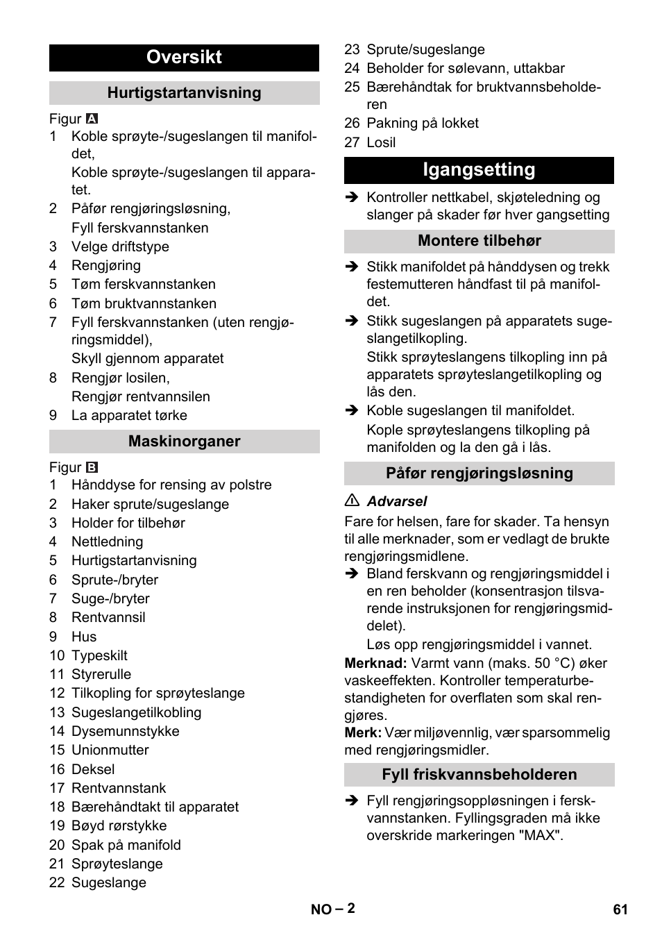 Oversikt, Igangsetting | Karcher PUZZI 8-1 C User Manual | Page 61 / 204
