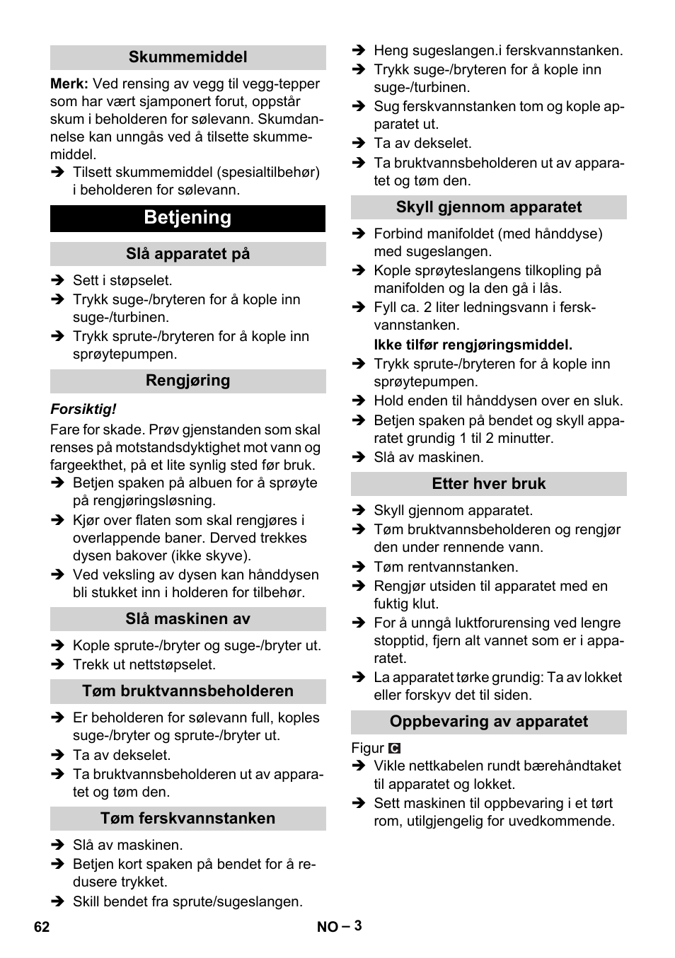 Betjening | Karcher PUZZI 8-1 C User Manual | Page 62 / 204