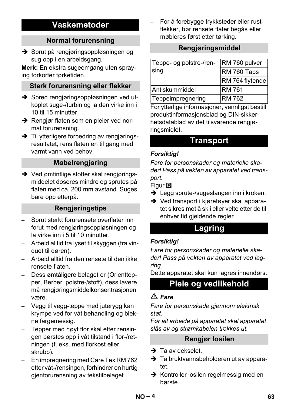 Vaskemetoder, Transport lagring pleie og vedlikehold | Karcher PUZZI 8-1 C User Manual | Page 63 / 204