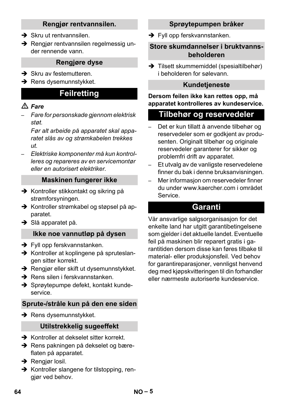 Feilretting, Tilbehør og reservedeler garanti | Karcher PUZZI 8-1 C User Manual | Page 64 / 204