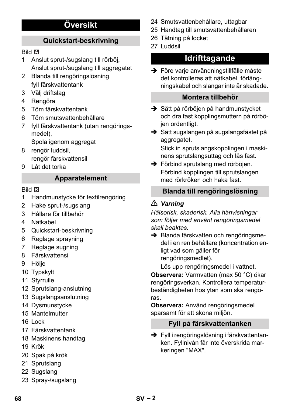 Översikt, Idrifttagande | Karcher PUZZI 8-1 C User Manual | Page 68 / 204