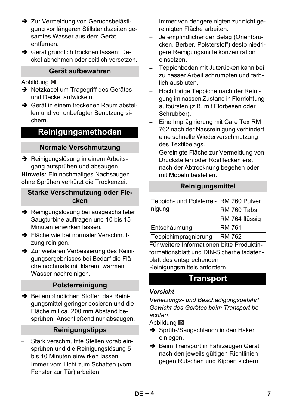 Reinigungsmethoden, Transport | Karcher PUZZI 8-1 C User Manual | Page 7 / 204