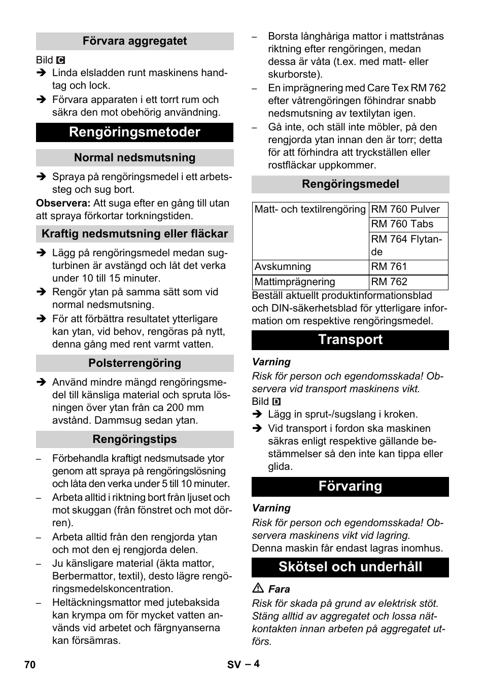 Rengöringsmetoder, Transport förvaring skötsel och underhåll | Karcher PUZZI 8-1 C User Manual | Page 70 / 204