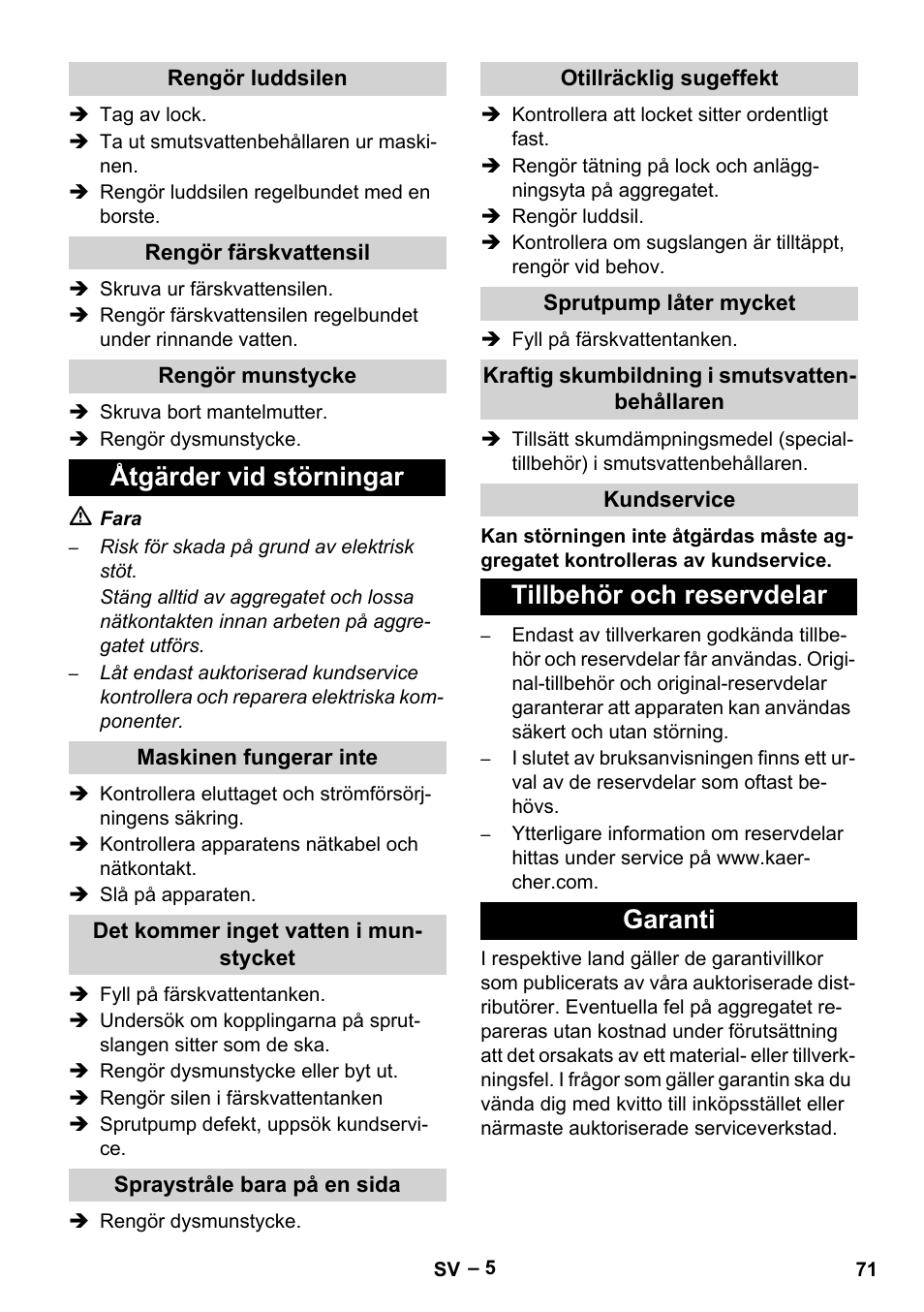 Åtgärder vid störningar, Tillbehör och reservdelar garanti | Karcher PUZZI 8-1 C User Manual | Page 71 / 204
