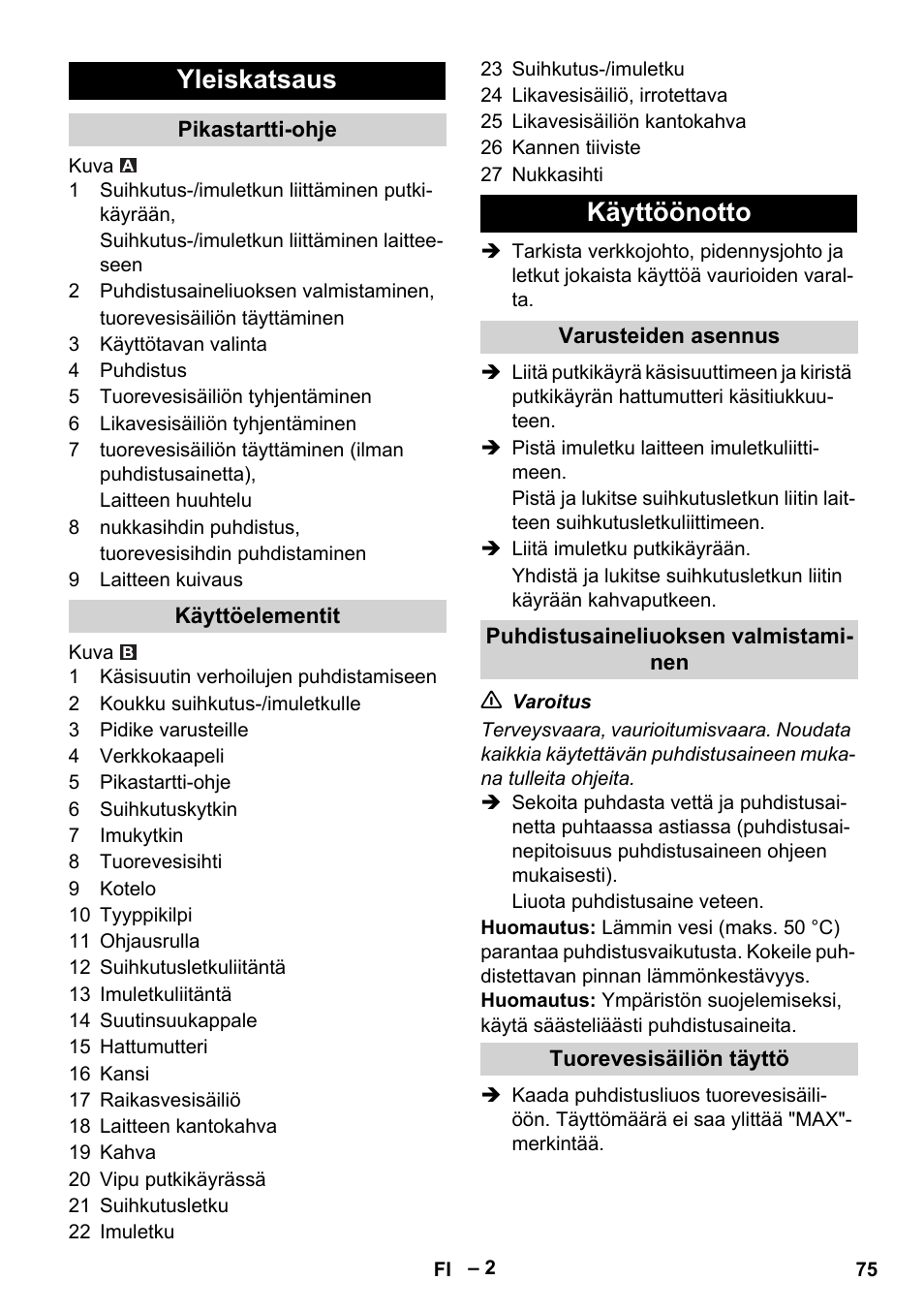 Yleiskatsaus, Käyttöönotto | Karcher PUZZI 8-1 C User Manual | Page 75 / 204