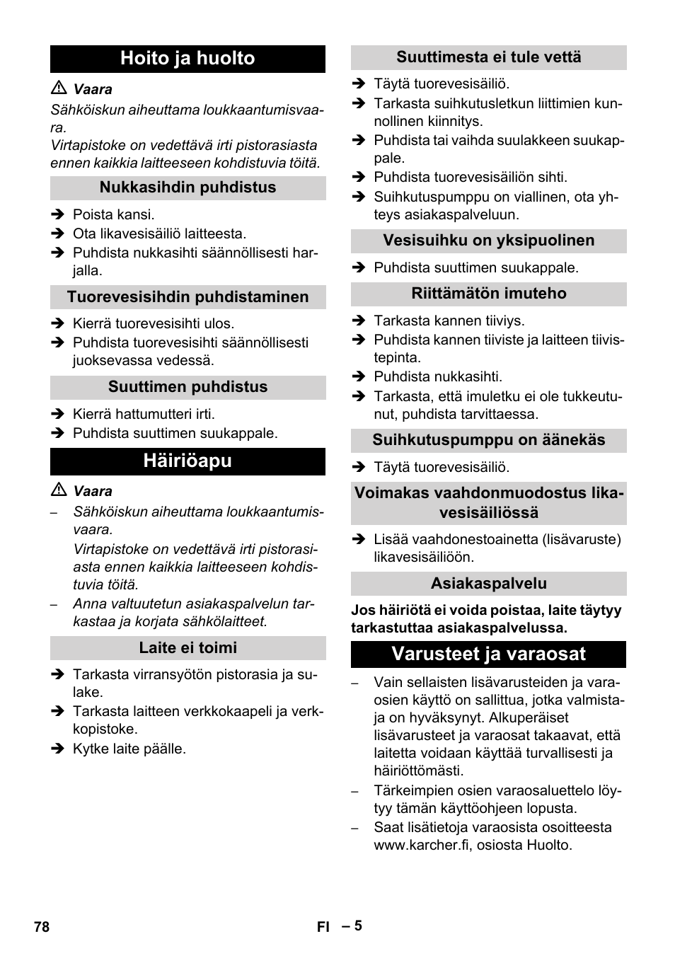 Hoito ja huolto, Häiriöapu, Varusteet ja varaosat | Karcher PUZZI 8-1 C User Manual | Page 78 / 204