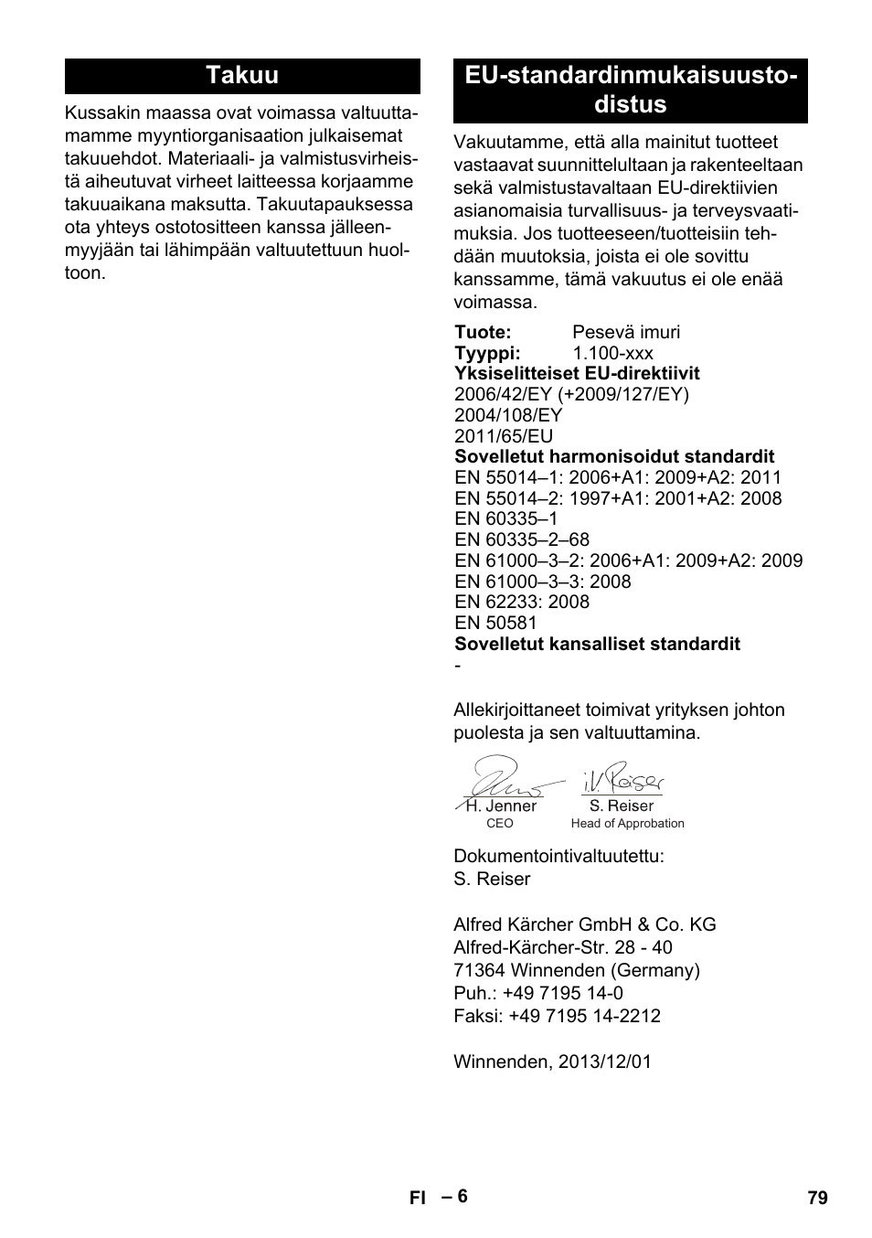 Takuu eu-standardinmukaisuusto- distus | Karcher PUZZI 8-1 C User Manual | Page 79 / 204