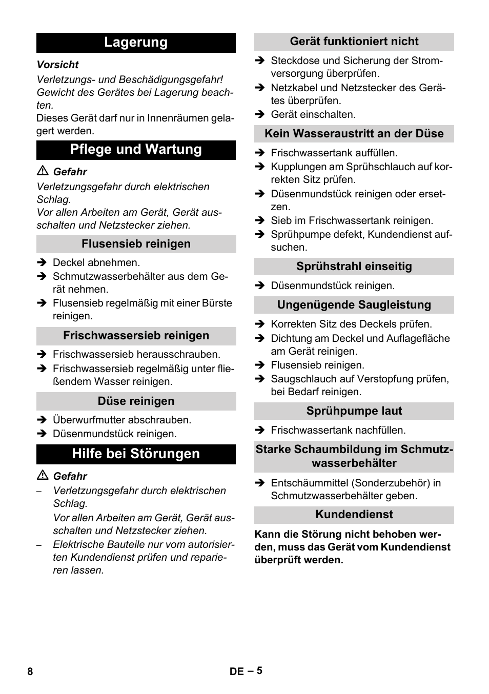 Lagerung pflege und wartung, Hilfe bei störungen | Karcher PUZZI 8-1 C User Manual | Page 8 / 204