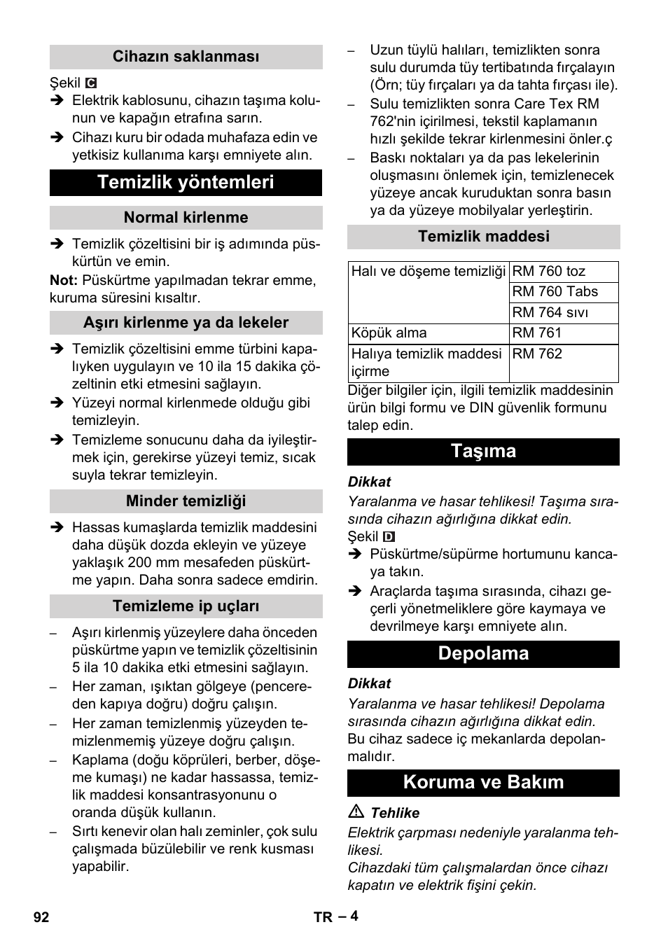 Temizlik yöntemleri, Taşıma depolama koruma ve bakım | Karcher PUZZI 8-1 C User Manual | Page 92 / 204