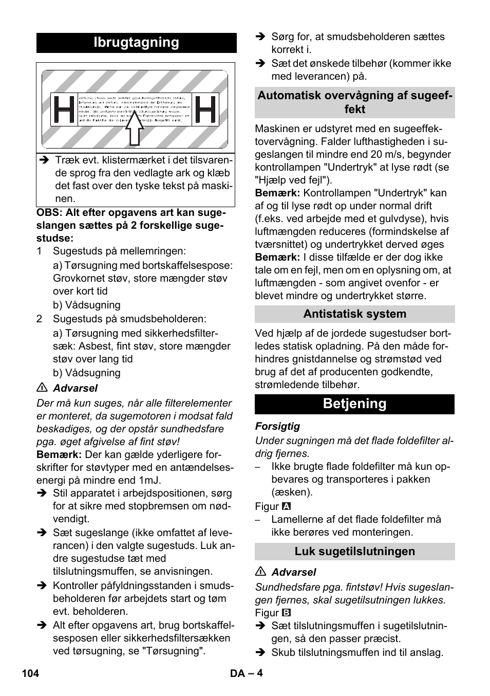 Ibrugtagning, Betjening | Karcher IVC 60-12-1 Ec H Z22 User Manual | Page 104 / 372
