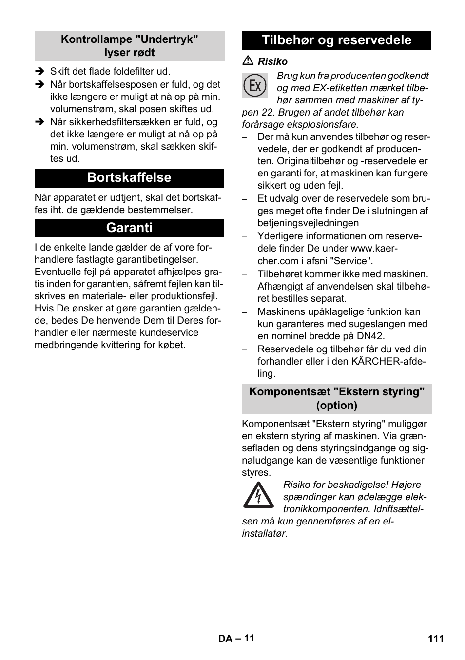 Bortskaffelse garanti tilbehør og reservedele | Karcher IVC 60-12-1 Ec H Z22 User Manual | Page 111 / 372