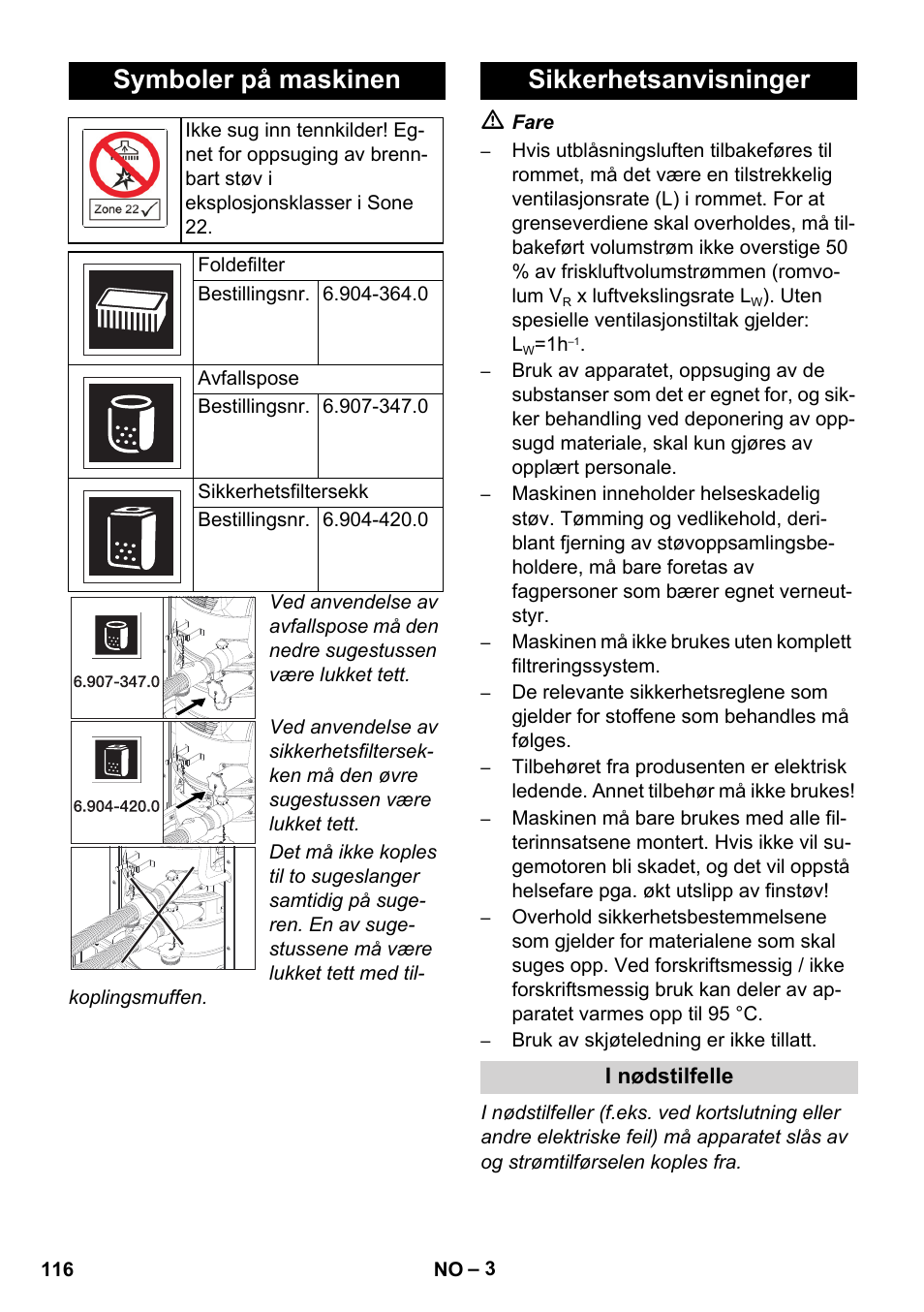 Symboler på maskinen, Sikkerhetsanvisninger | Karcher IVC 60-12-1 Ec H Z22 User Manual | Page 116 / 372