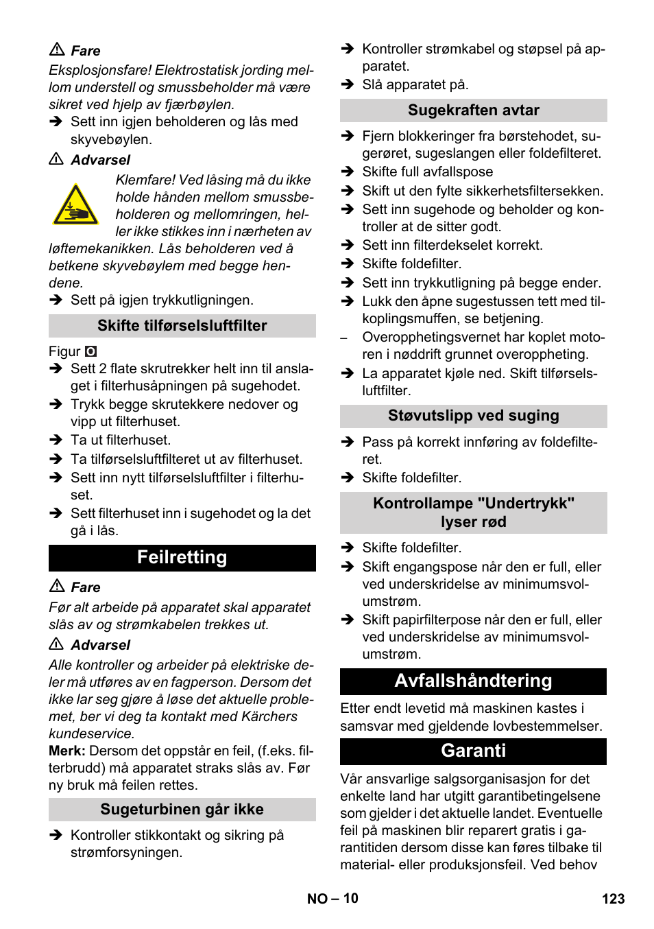 Feilretting, Avfallshåndtering garanti | Karcher IVC 60-12-1 Ec H Z22 User Manual | Page 123 / 372