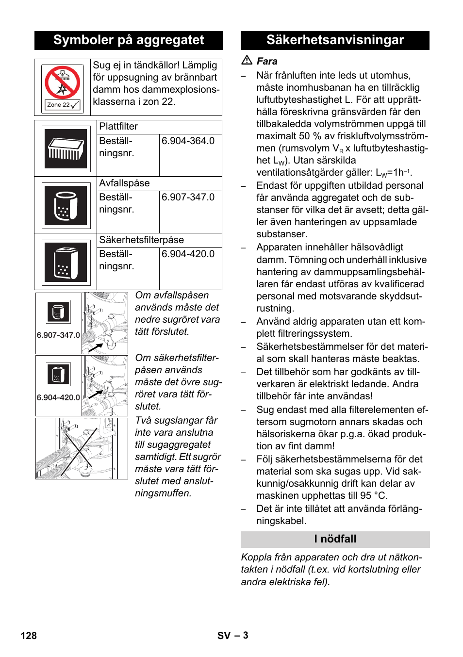 Symboler på aggregatet, Säkerhetsanvisningar | Karcher IVC 60-12-1 Ec H Z22 User Manual | Page 128 / 372