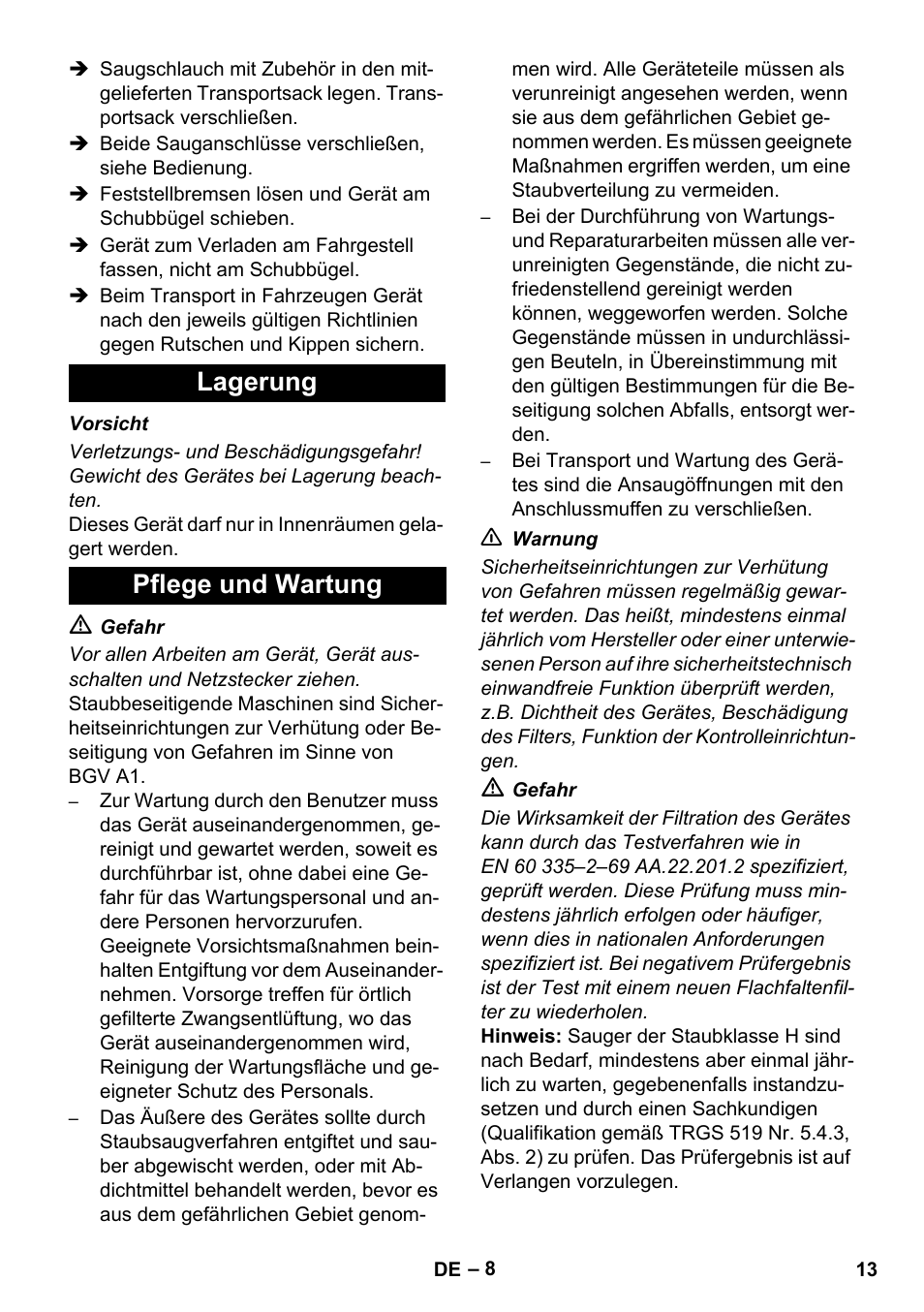 Lagerung pflege und wartung | Karcher IVC 60-12-1 Ec H Z22 User Manual | Page 13 / 372