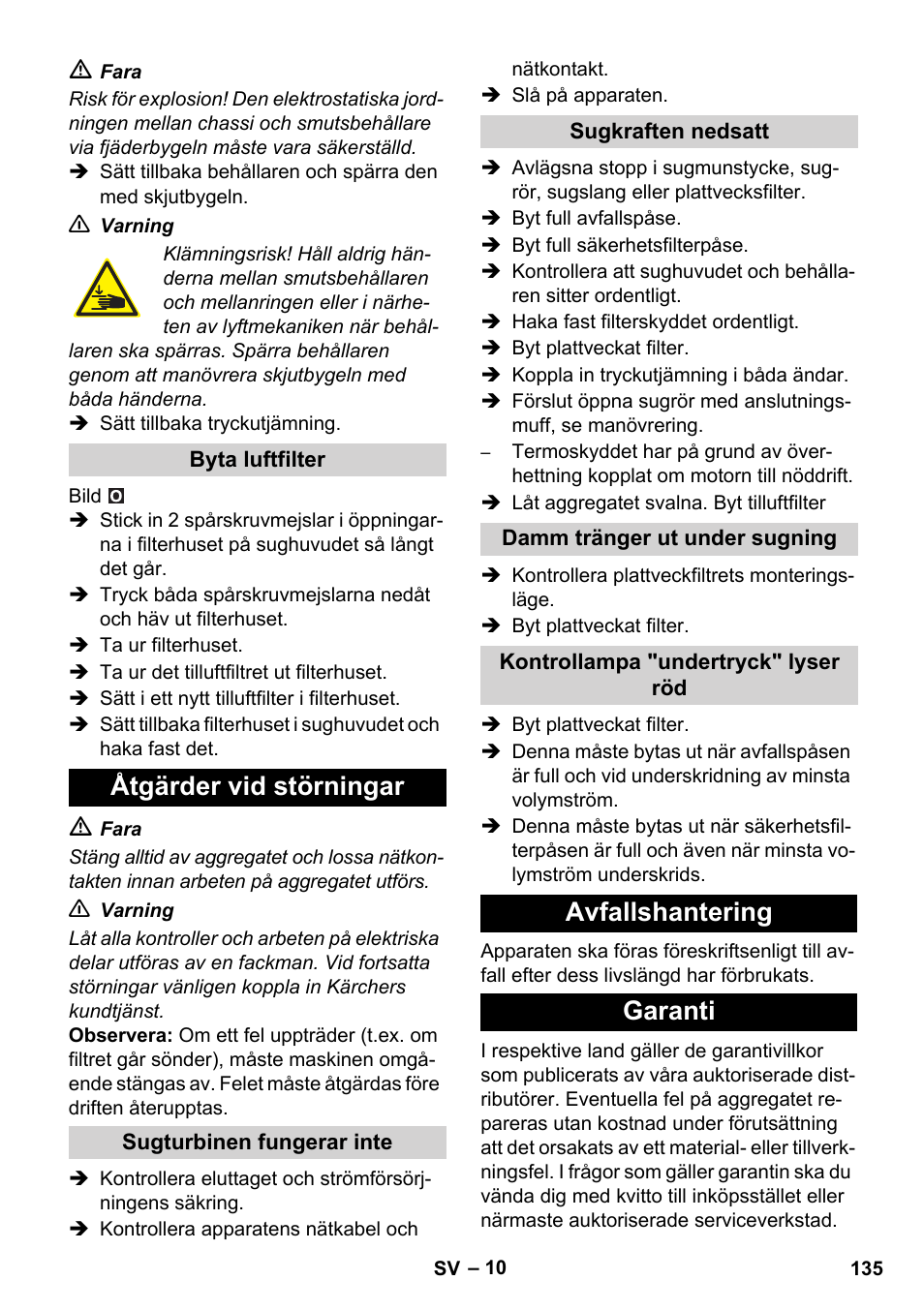 Åtgärder vid störningar, Avfallshantering garanti | Karcher IVC 60-12-1 Ec H Z22 User Manual | Page 135 / 372