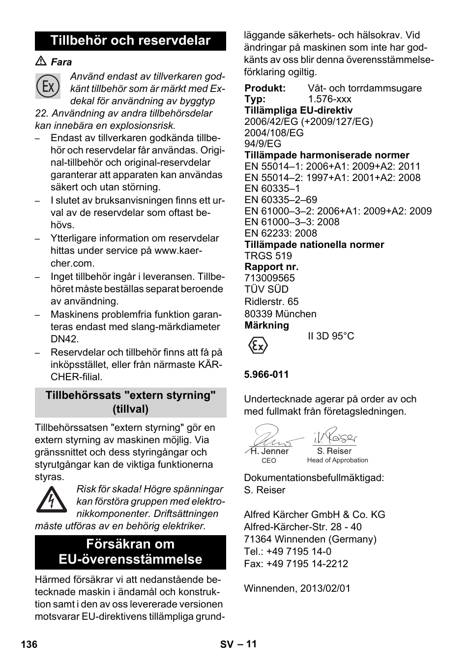 Tillbehör och reservdelar, Försäkran om eu-överensstämmelse | Karcher IVC 60-12-1 Ec H Z22 User Manual | Page 136 / 372