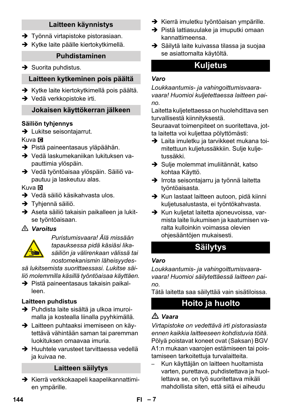 Kuljetus säilytys hoito ja huolto | Karcher IVC 60-12-1 Ec H Z22 User Manual | Page 144 / 372
