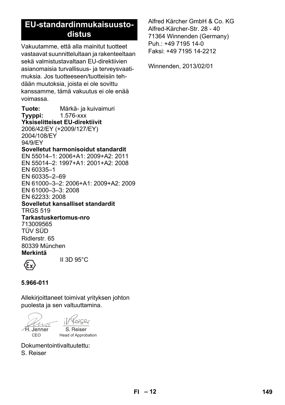 Eu-standardinmukaisuusto- distus | Karcher IVC 60-12-1 Ec H Z22 User Manual | Page 149 / 372