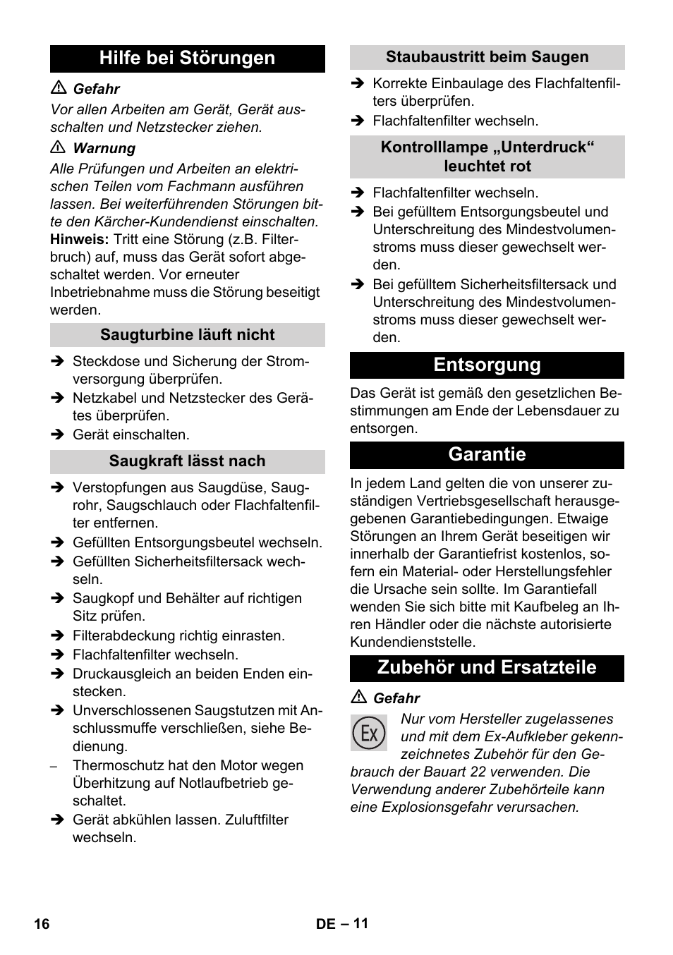 Hilfe bei störungen, Entsorgung garantie zubehör und ersatzteile | Karcher IVC 60-12-1 Ec H Z22 User Manual | Page 16 / 372