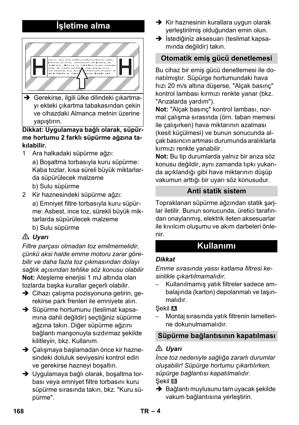 Işletime alma, Kullanımı | Karcher IVC 60-12-1 Ec H Z22 User Manual | Page 168 / 372