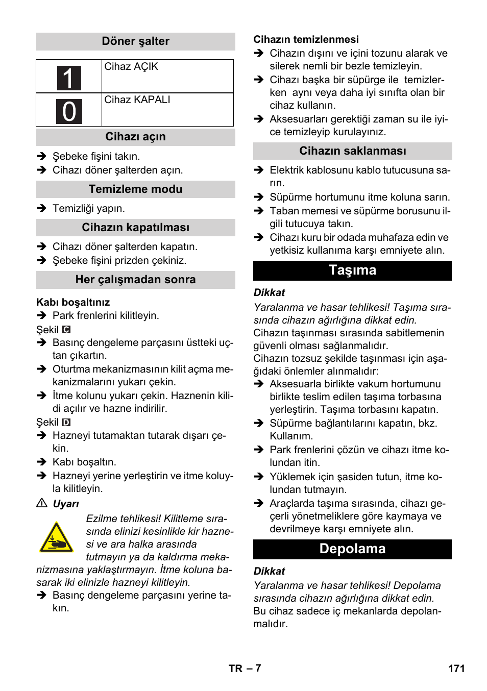 Taşıma depolama | Karcher IVC 60-12-1 Ec H Z22 User Manual | Page 171 / 372