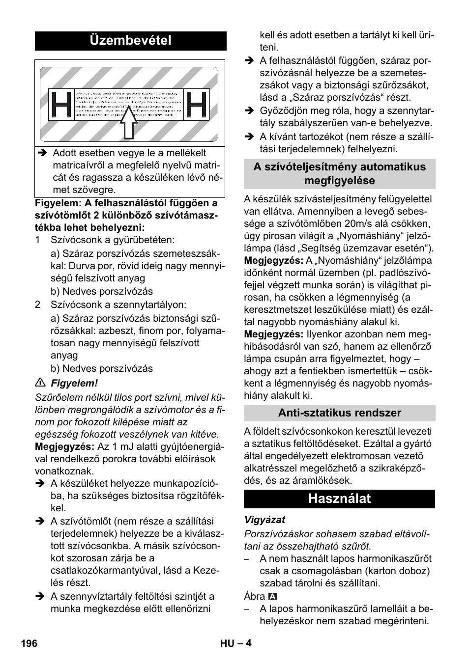 Üzembevétel, Használat | Karcher IVC 60-12-1 Ec H Z22 User Manual | Page 196 / 372