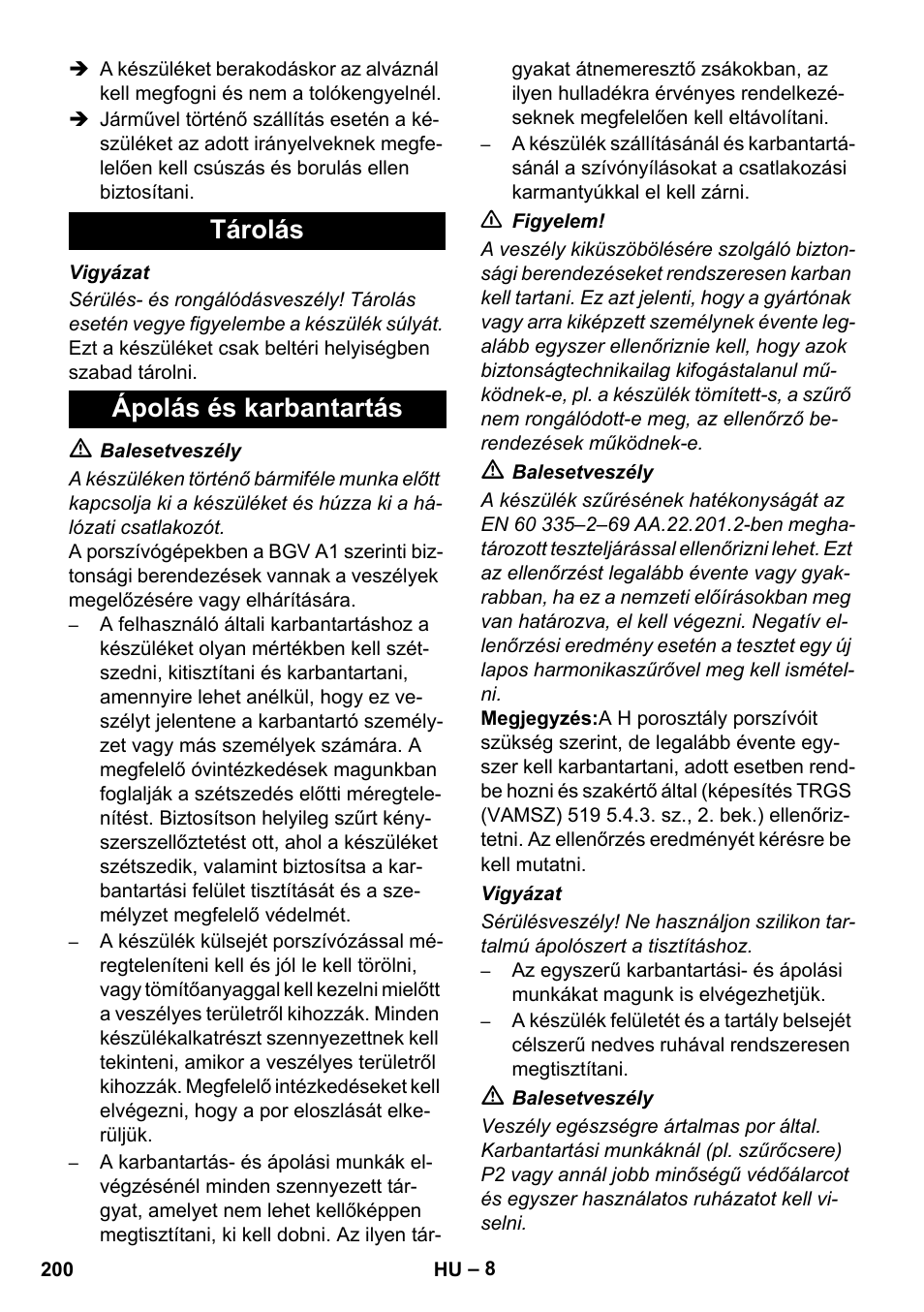 Tárolás ápolás és karbantartás | Karcher IVC 60-12-1 Ec H Z22 User Manual | Page 200 / 372