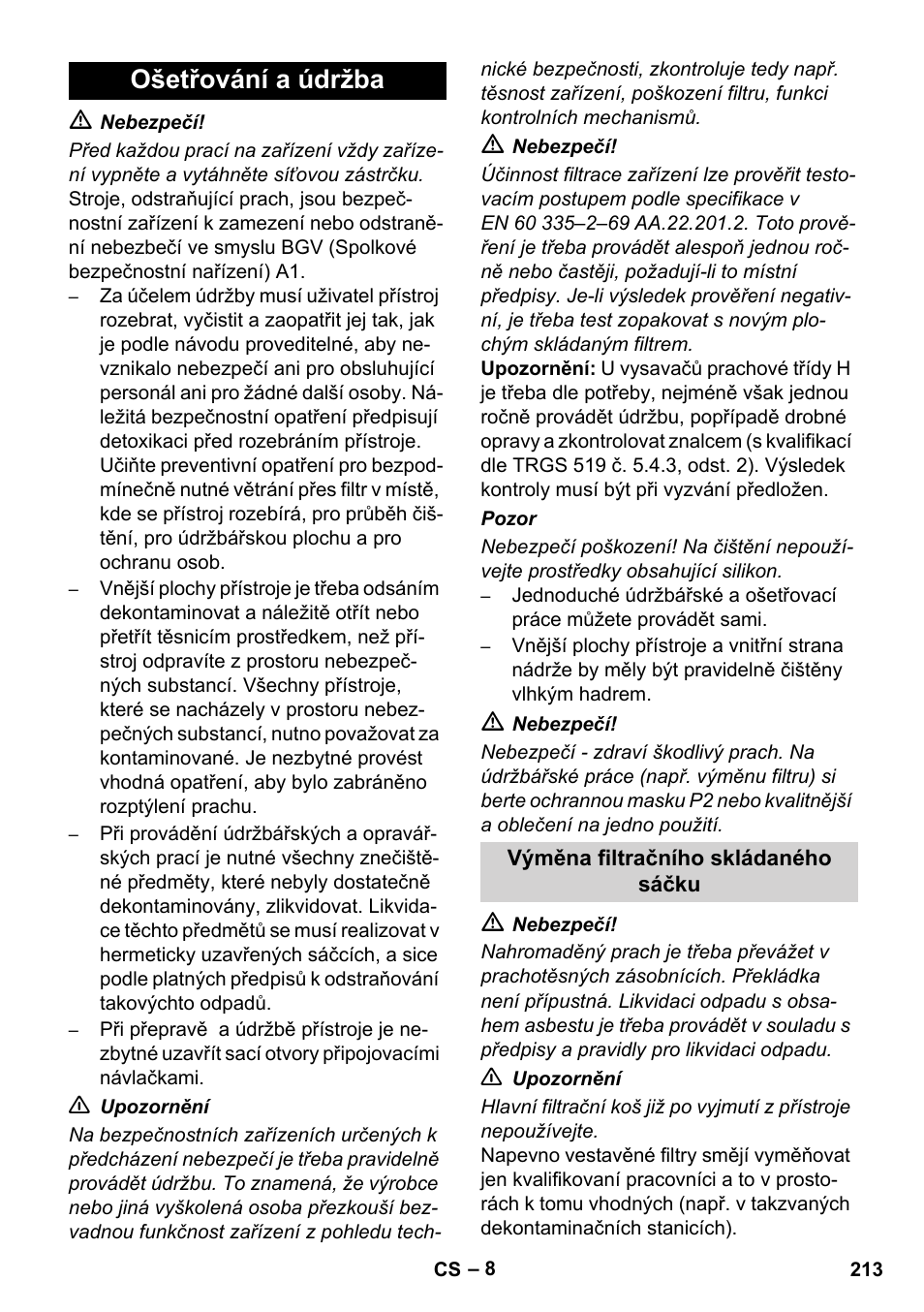 Ošetřování a údržba | Karcher IVC 60-12-1 Ec H Z22 User Manual | Page 213 / 372