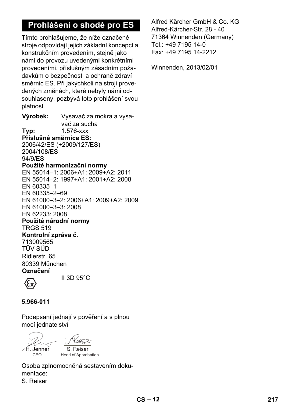 Prohlášení o shodě pro es | Karcher IVC 60-12-1 Ec H Z22 User Manual | Page 217 / 372