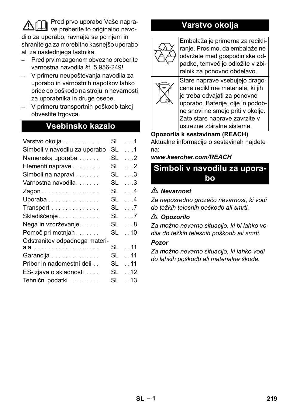 Slovenščina, Vsebinsko kazalo, Varstvo okolja | Simboli v navodilu za upora- bo | Karcher IVC 60-12-1 Ec H Z22 User Manual | Page 219 / 372