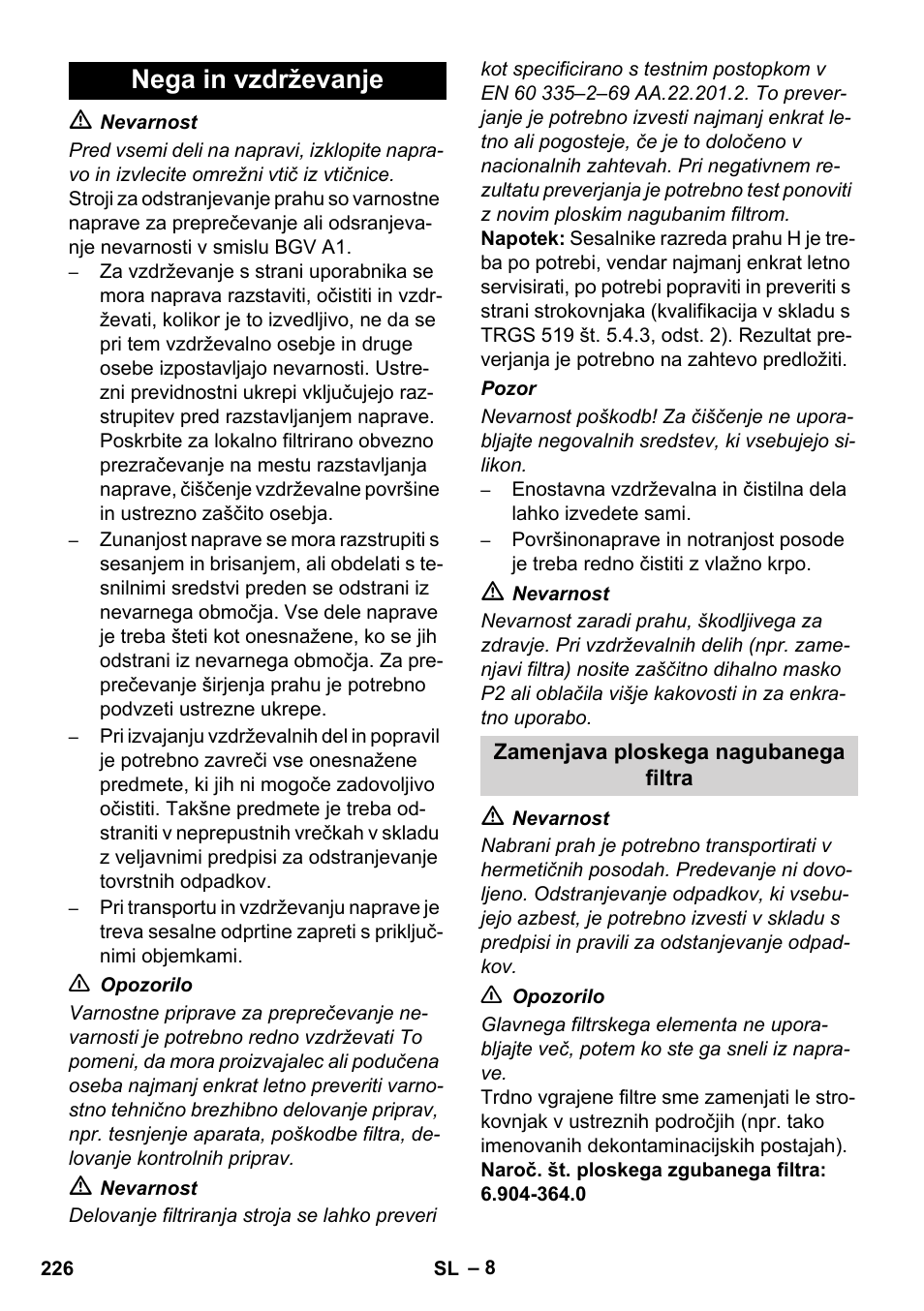 Nega in vzdrževanje | Karcher IVC 60-12-1 Ec H Z22 User Manual | Page 226 / 372