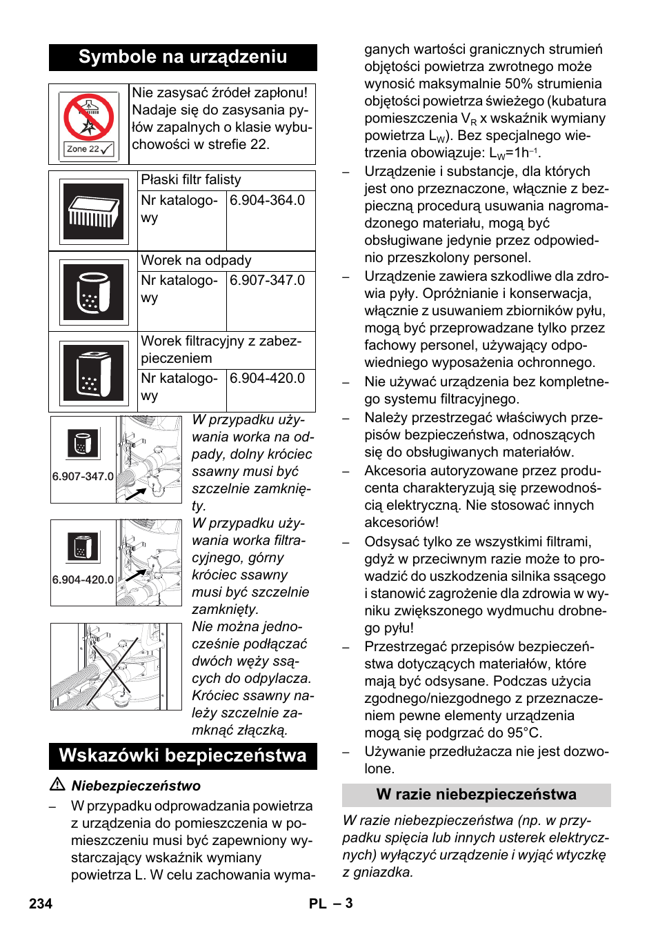 Symbole na urządzeniu, Wskazówki bezpieczeństwa | Karcher IVC 60-12-1 Ec H Z22 User Manual | Page 234 / 372
