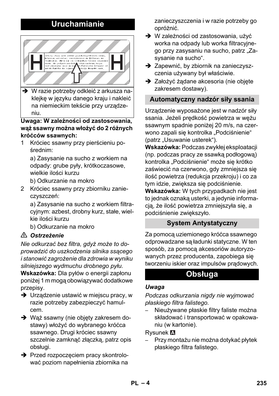 Uruchamianie, Obsługa | Karcher IVC 60-12-1 Ec H Z22 User Manual | Page 235 / 372