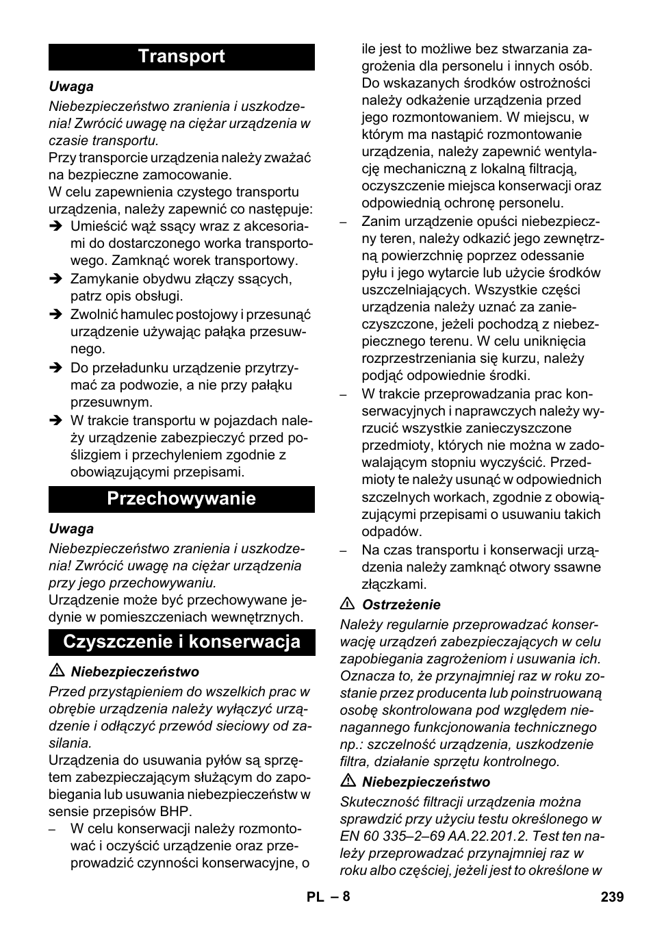 Transport przechowywanie czyszczenie i konserwacja | Karcher IVC 60-12-1 Ec H Z22 User Manual | Page 239 / 372