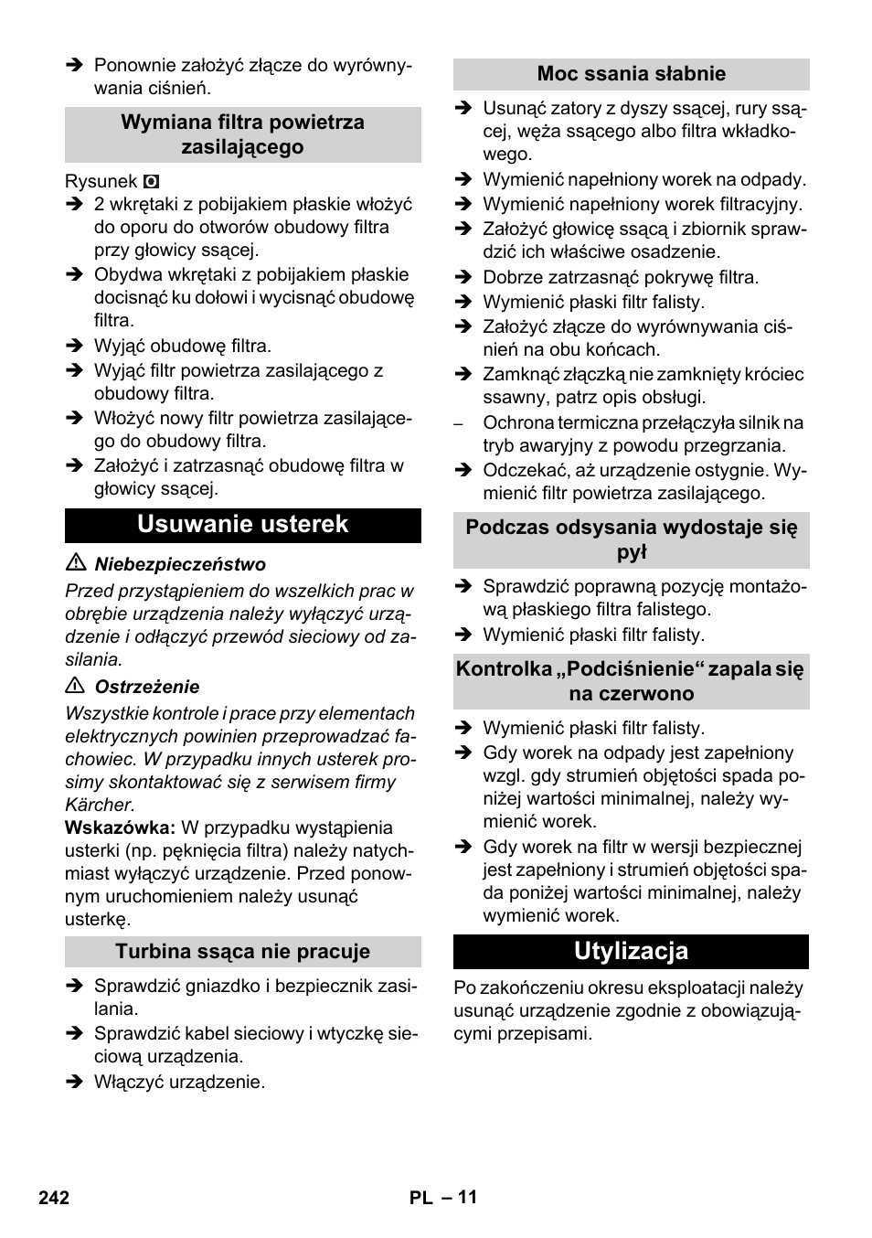 Usuwanie usterek, Utylizacja | Karcher IVC 60-12-1 Ec H Z22 User Manual | Page 242 / 372