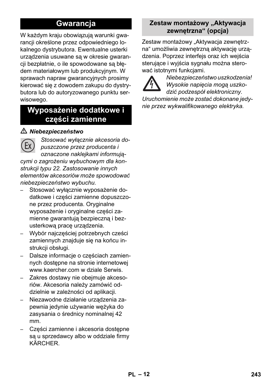Gwarancja wyposażenie dodatkowe i części zamienne | Karcher IVC 60-12-1 Ec H Z22 User Manual | Page 243 / 372